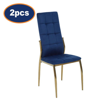 2Pcs Zanim Blue Velvet & Gold High Back Dining Chairs