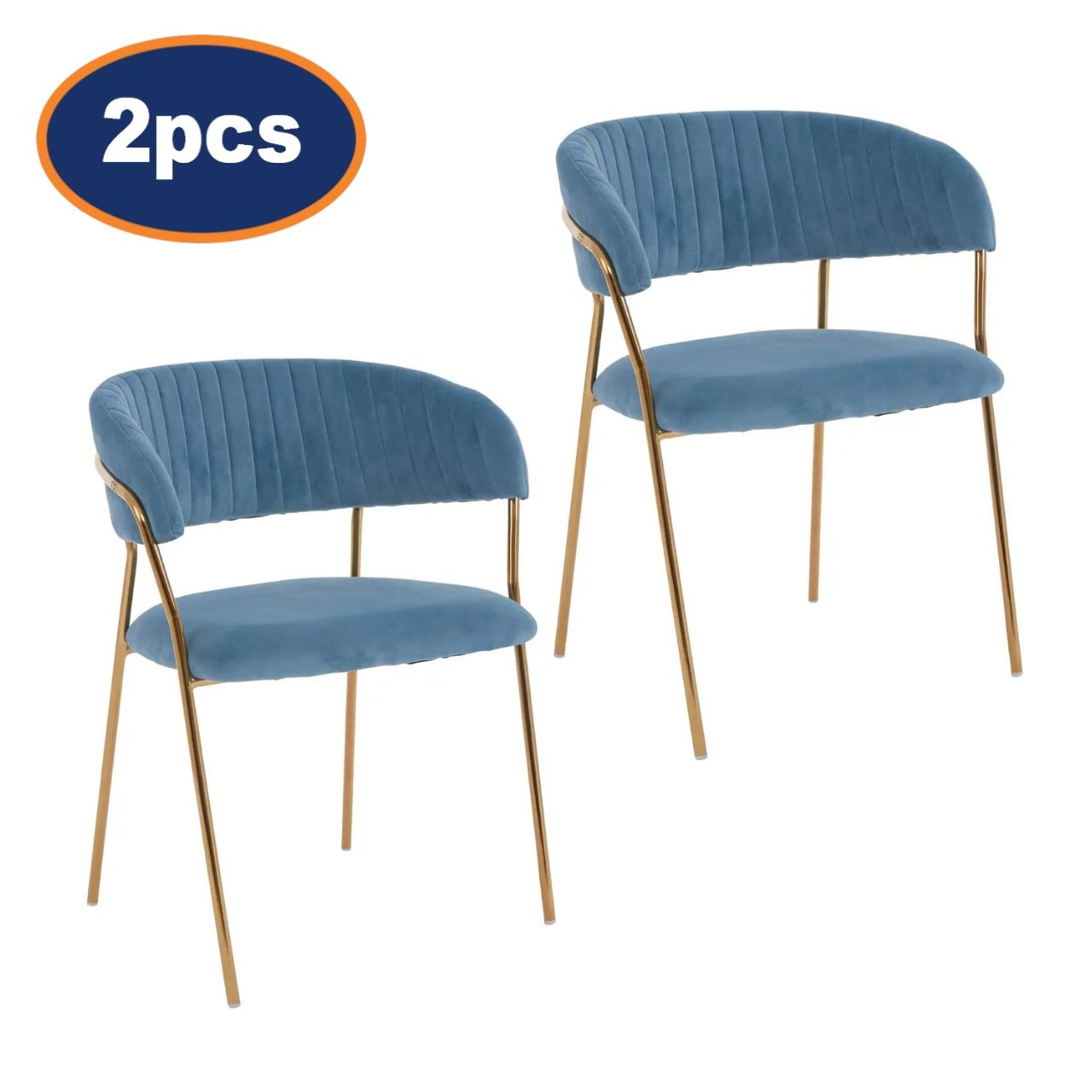 2Pcs Zanim Plush Blue Velvet & Gold Dining Chairs