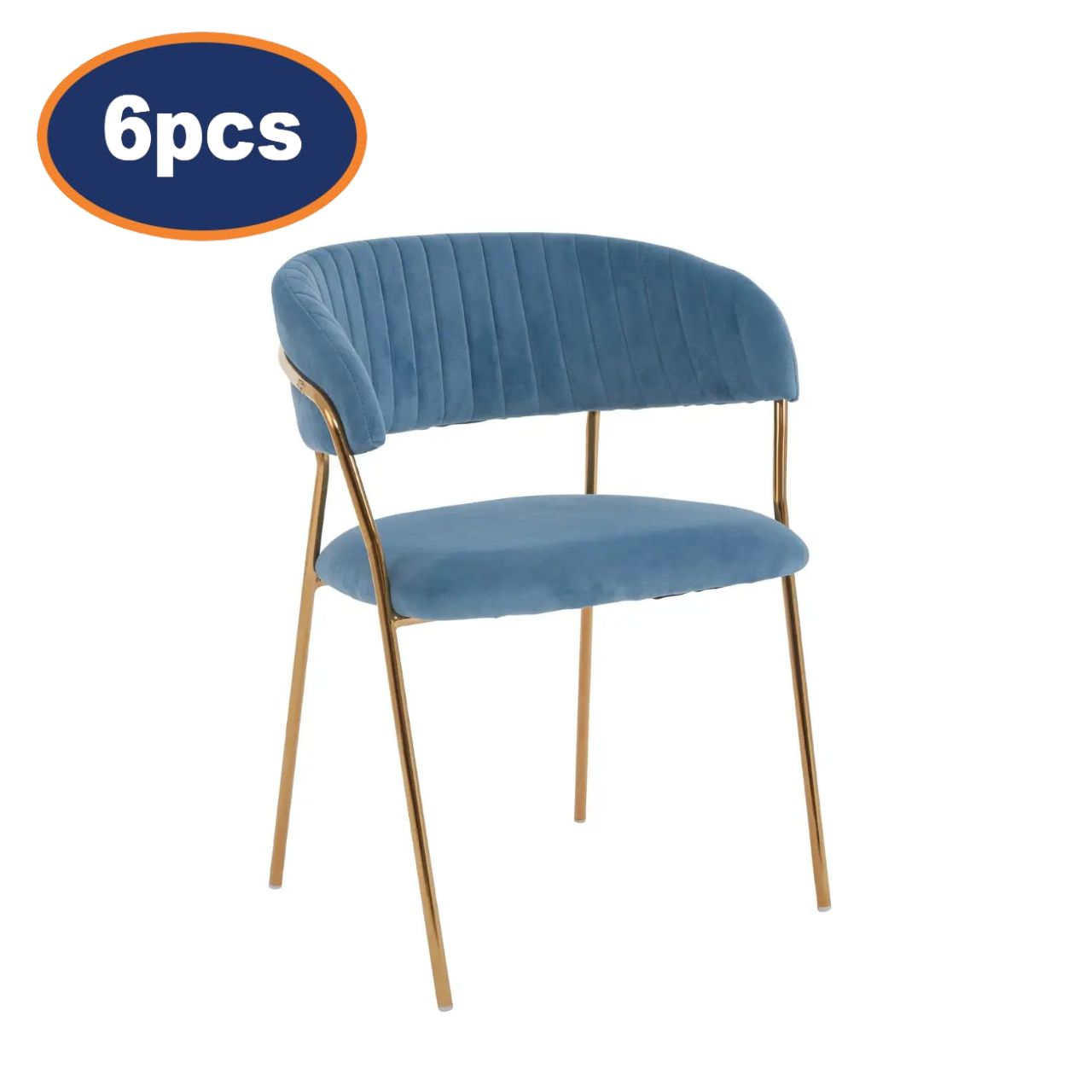 6Pcs Zanim Plush Blue Velvet & Gold Dining Chairs