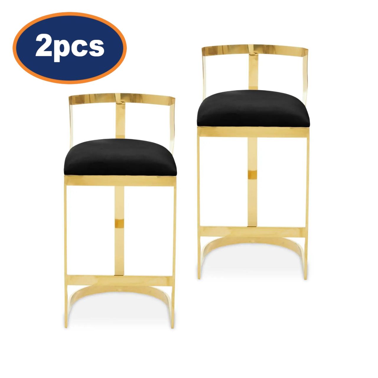 2Pcs Dahlia Black Velvet & Gold Finish Back Rest Bar Stools