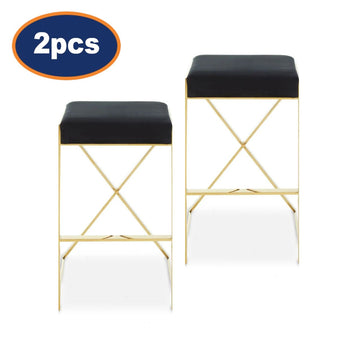 2Pcs Dahlia Black Velvet & Gold Finish Bar Stools