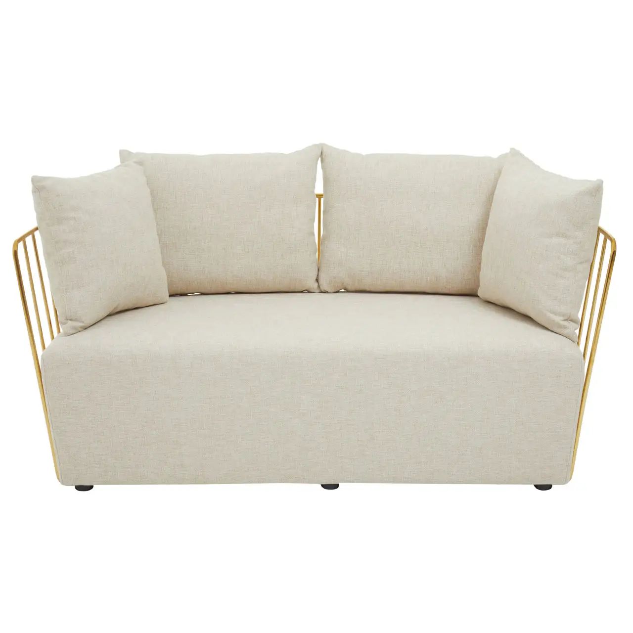 Dahlia 2 Seat Natural Fabric & Gold Frame Sofa With 4 Pillows