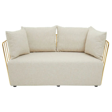 Dahlia 2 Seat Natural Fabric & Gold Frame Sofa With 4 Pillows