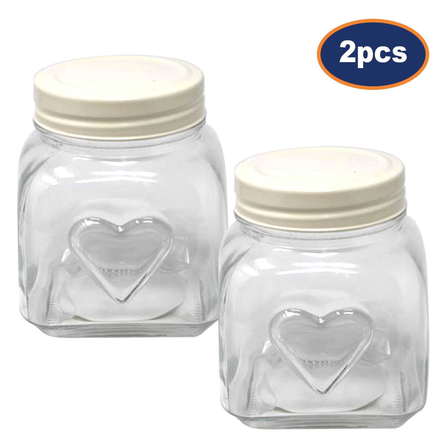 2pcs 900ml Embossed Heart Glass Storage Jar Container Cream Lid