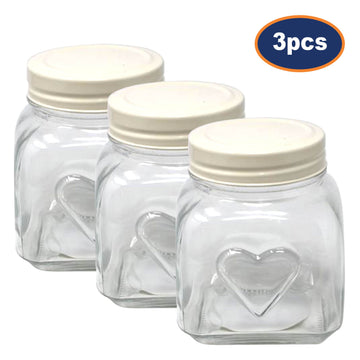 3pcs 900ml Embossed Heart Glass Storage Jar Container Cream Lid