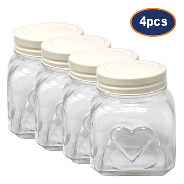 4pcs 900ml Embossed Heart Glass Storage Jar Container Cream Lid