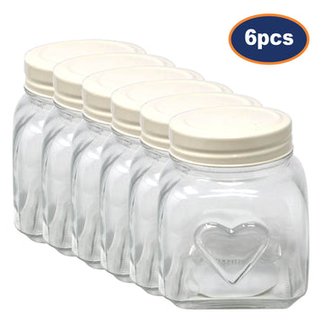 6pcs 900ml Embossed Heart Glass Storage Jar Container Cream Lid