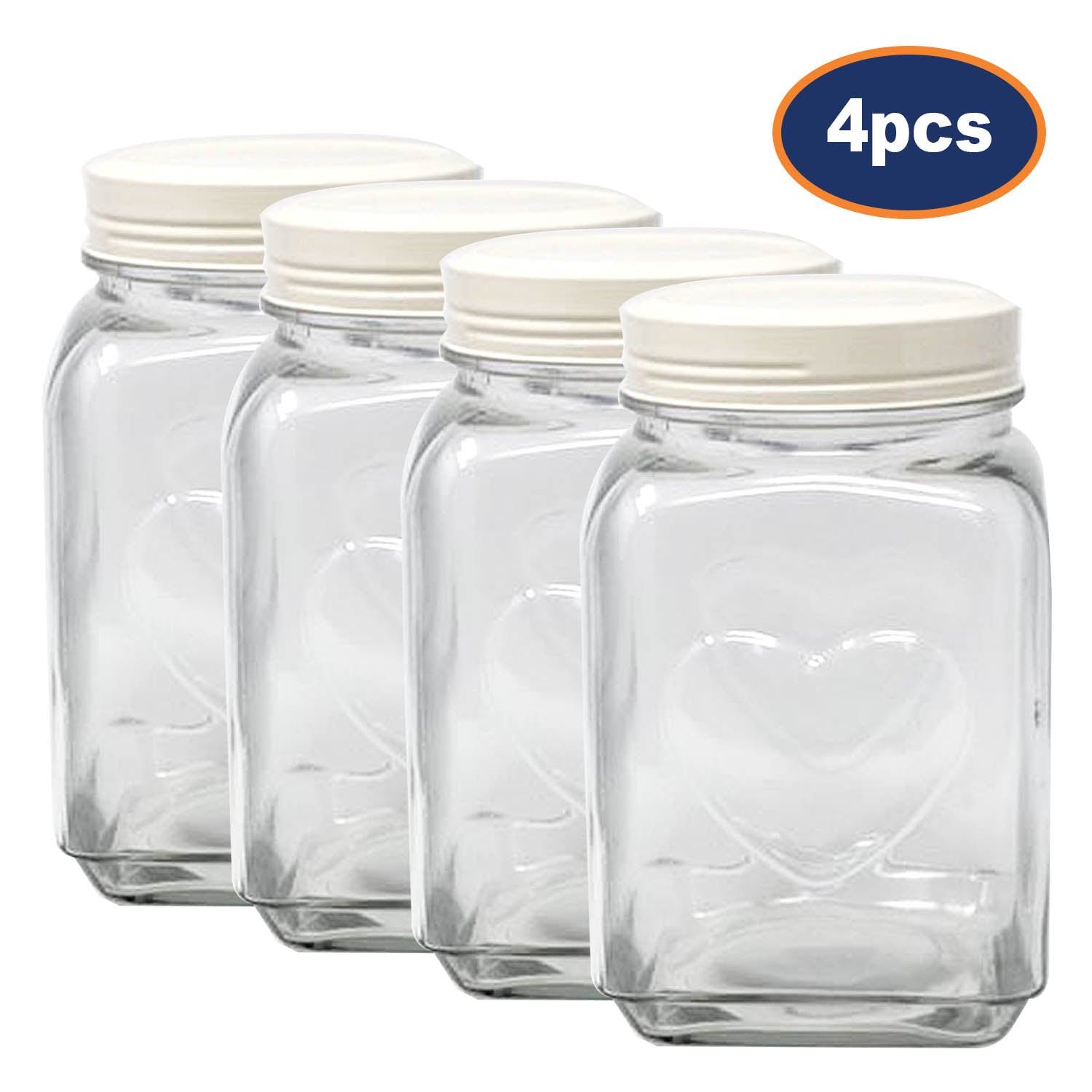 4pcs 2200ml Embossed Heart Glass Storage Jar Container Cream Lid