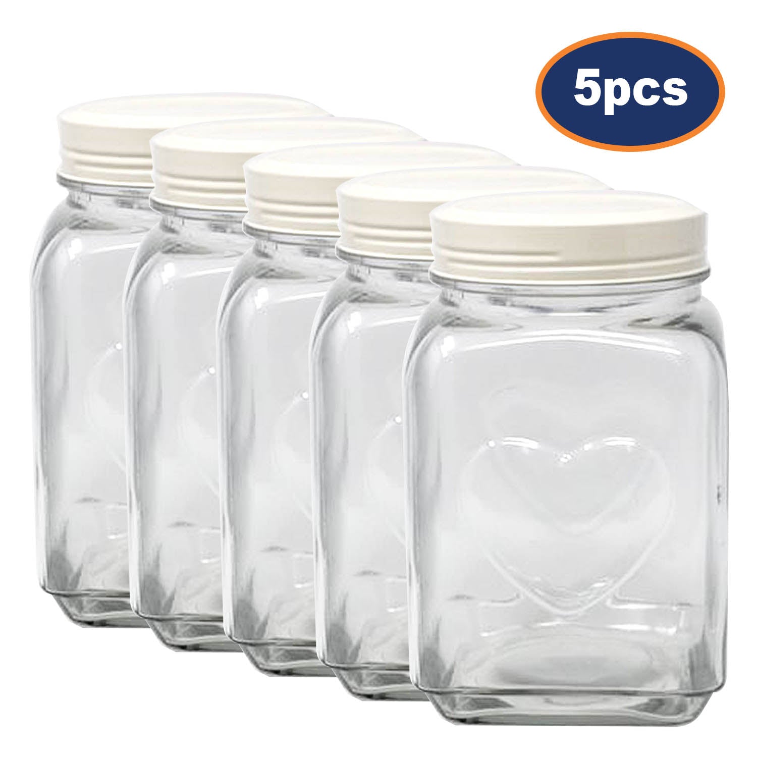 5pcs 2200ml Embossed Heart Glass Storage Jar Container Cream Lid