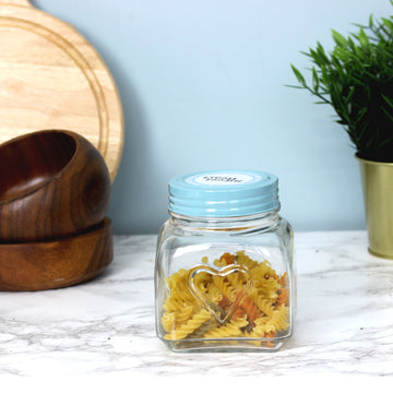 900ml Embossed Heart Glass Storage Jar Aqua Blue Lid