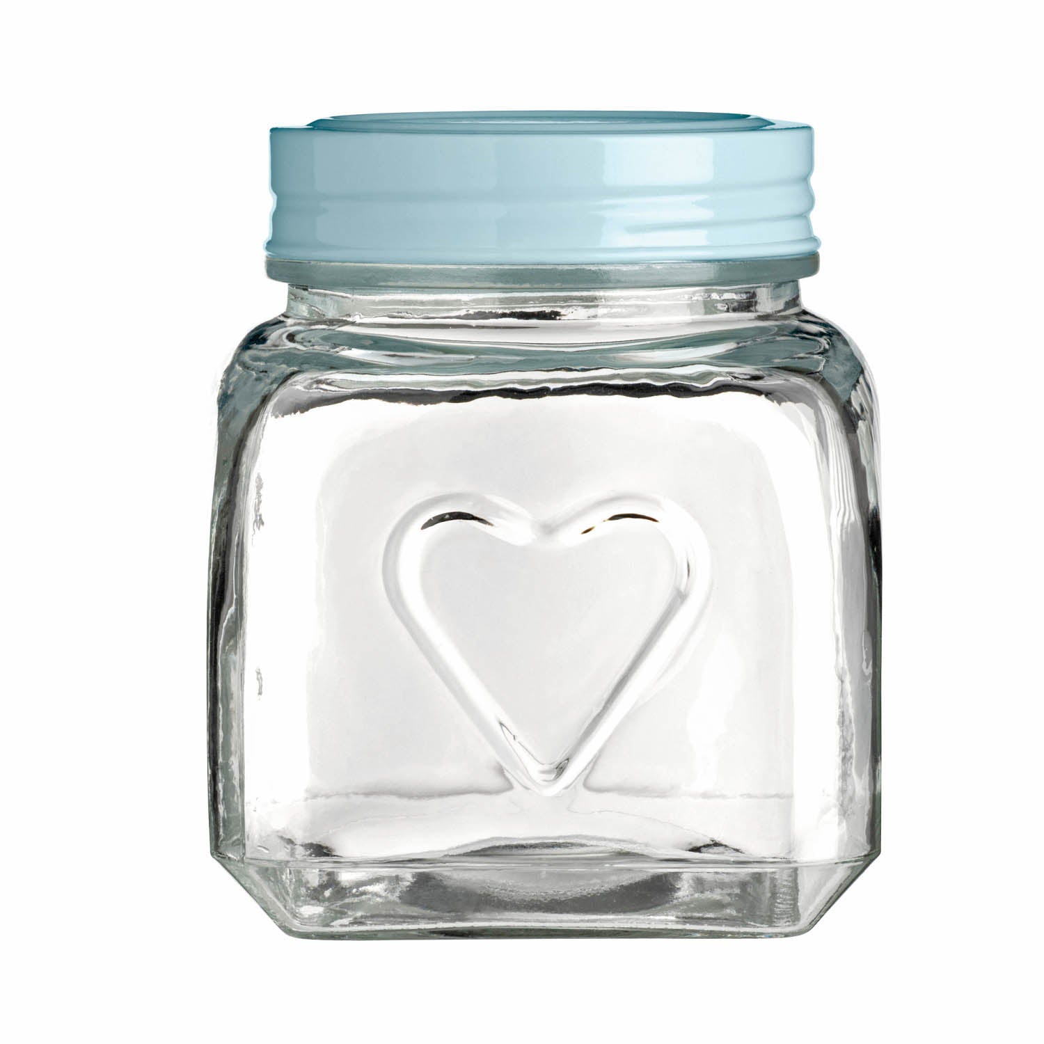 900ml Embossed Heart Glass Storage Jar Aqua Blue Lid