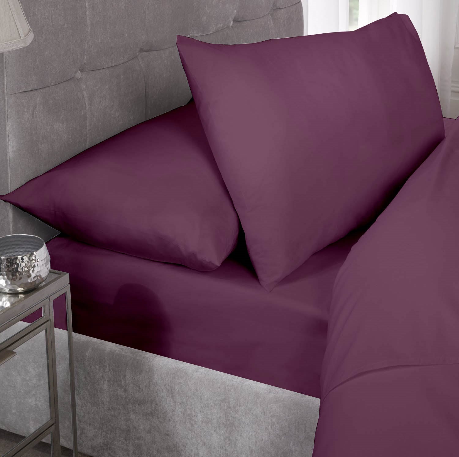 Percale Cotton Fitted Sheet Easy Care Non-Iron, Super King, Berry Purple