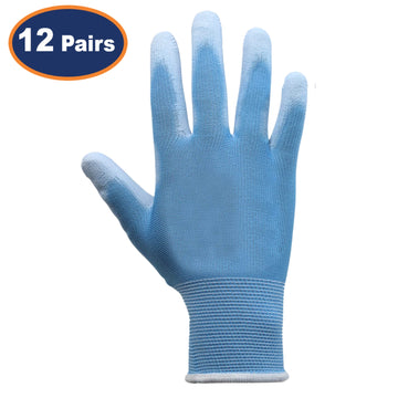 12Pairs Large Blue Non-Slip PU Palm Coated Work Gloves