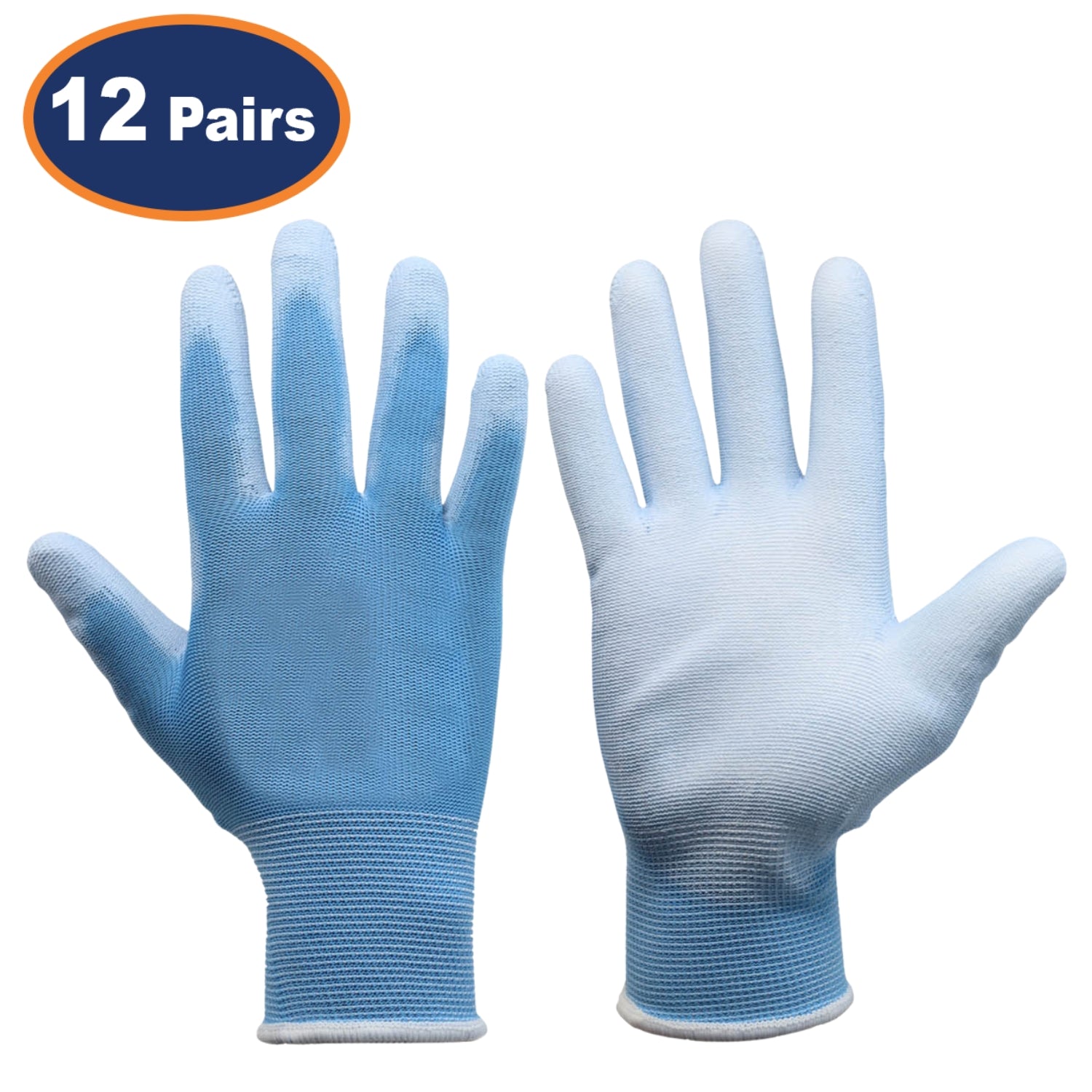 12Pairs Large Blue Non-Slip PU Palm Coated Work Gloves