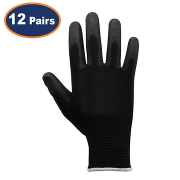 12Pairs Large Black Non-Slip PU Palm Coated Work Gloves