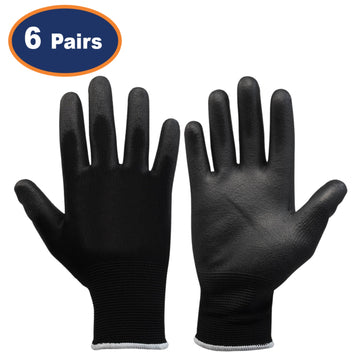 6Pairs Large Black Non-Slip PU Palm Coated Work Gloves