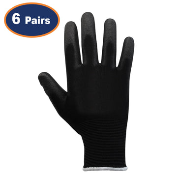 6Pairs Large Black Non-Slip PU Palm Coated Work Gloves