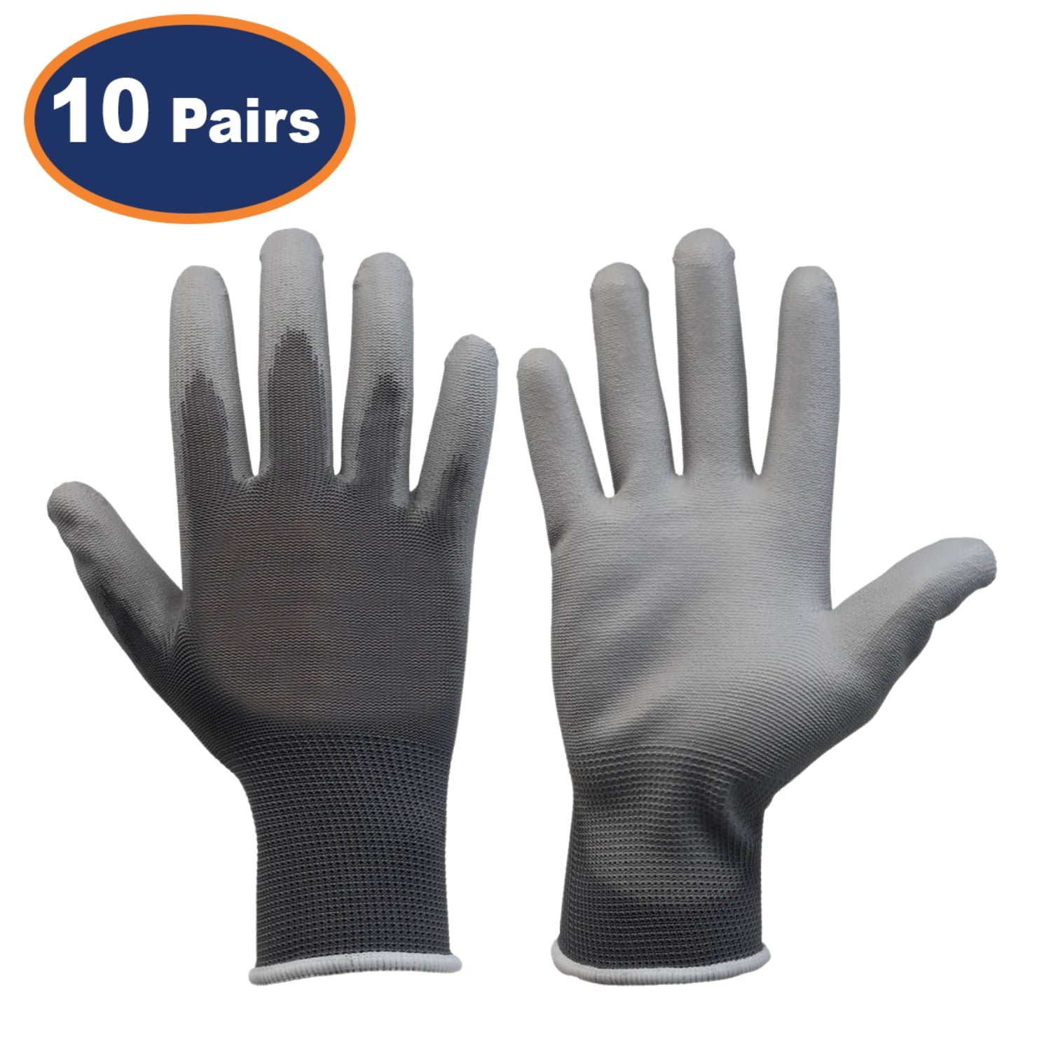 10Pairs Large Grey Non-Slip PU Palm Coated Work Gloves