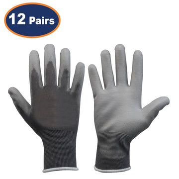 12Pairs Large Grey Non-Slip PU Palm Coated Work Gloves