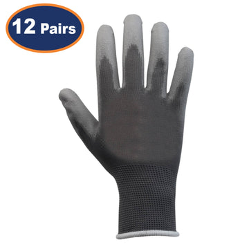 12Pairs Large Grey Non-Slip PU Palm Coated Work Gloves