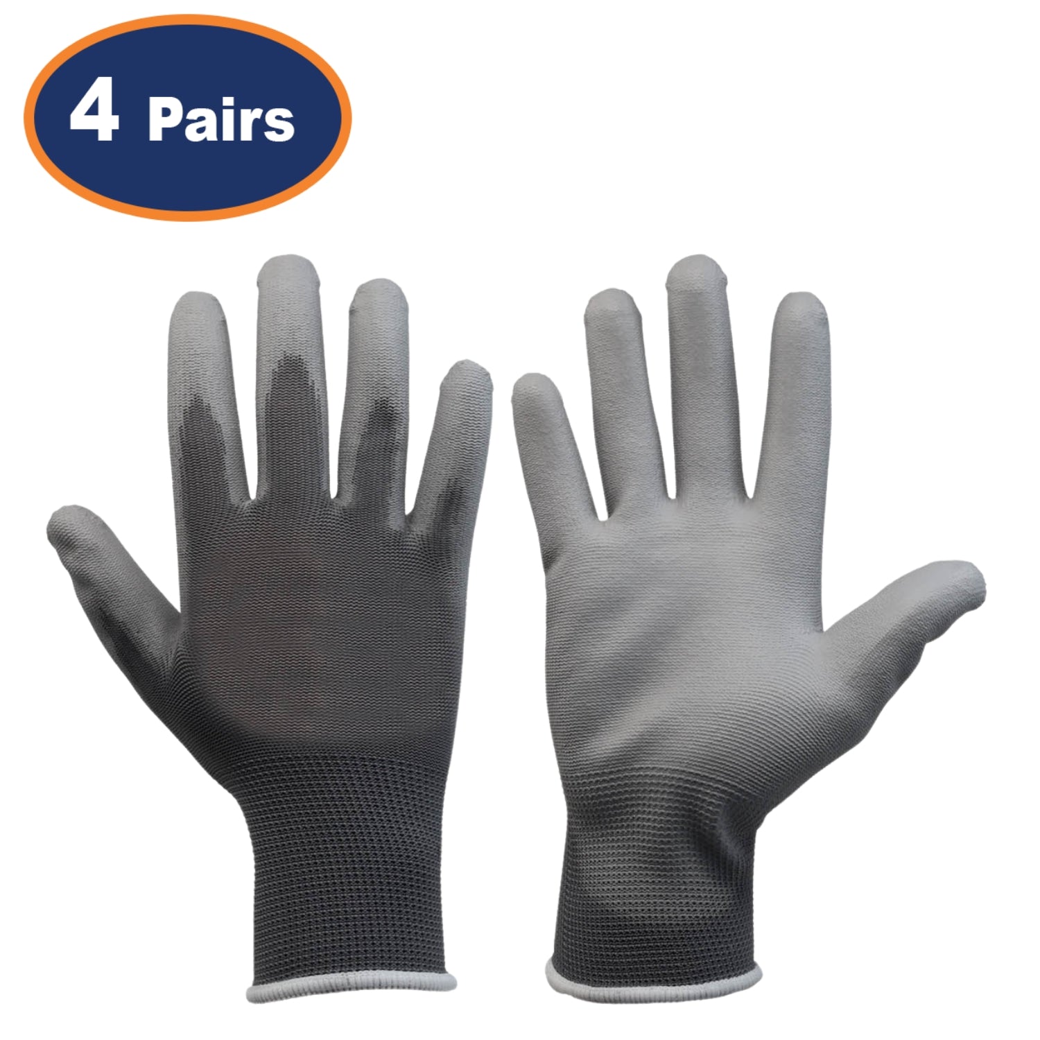 4Pairs XL Grey Non-Slip PU Palm Coated Work Gloves