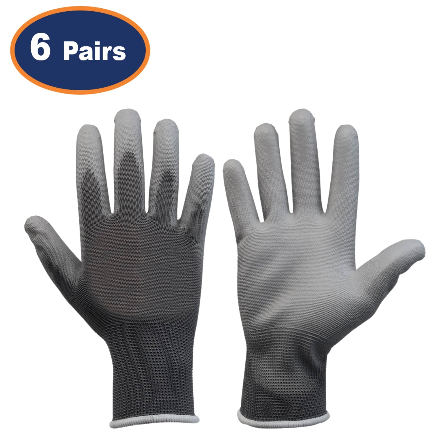 6Pairs XL Grey Non-Slip PU Palm Coated Work Gloves