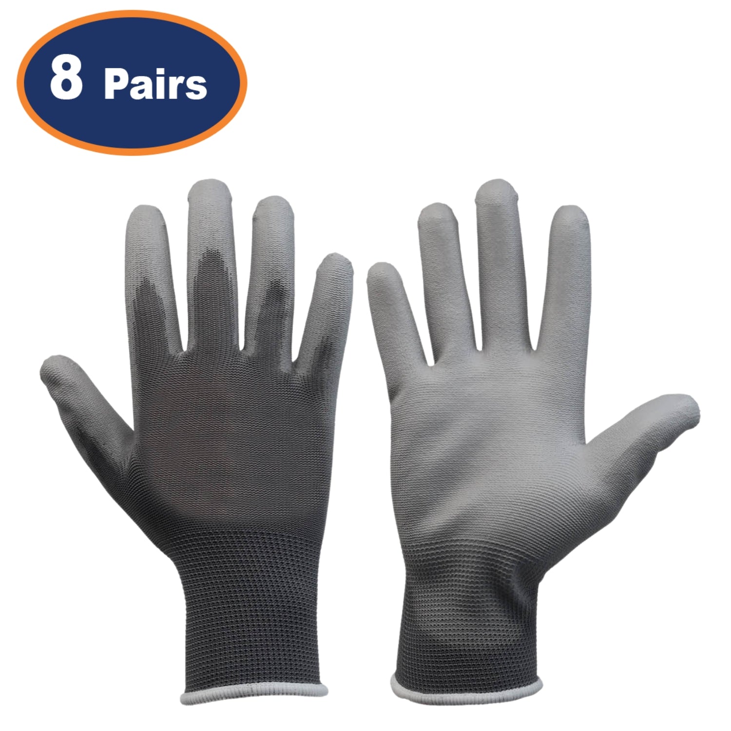 8Pairs Large Grey Non-Slip PU Palm Coated Work Gloves