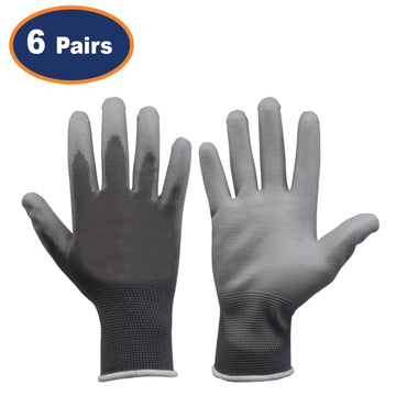 6Pairs 2XL Grey Non-Slip PU Palm Coated Work Gloves