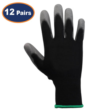 12Pairs Large Black & Grey Non-Slip PU Palm Coated Work Gloves