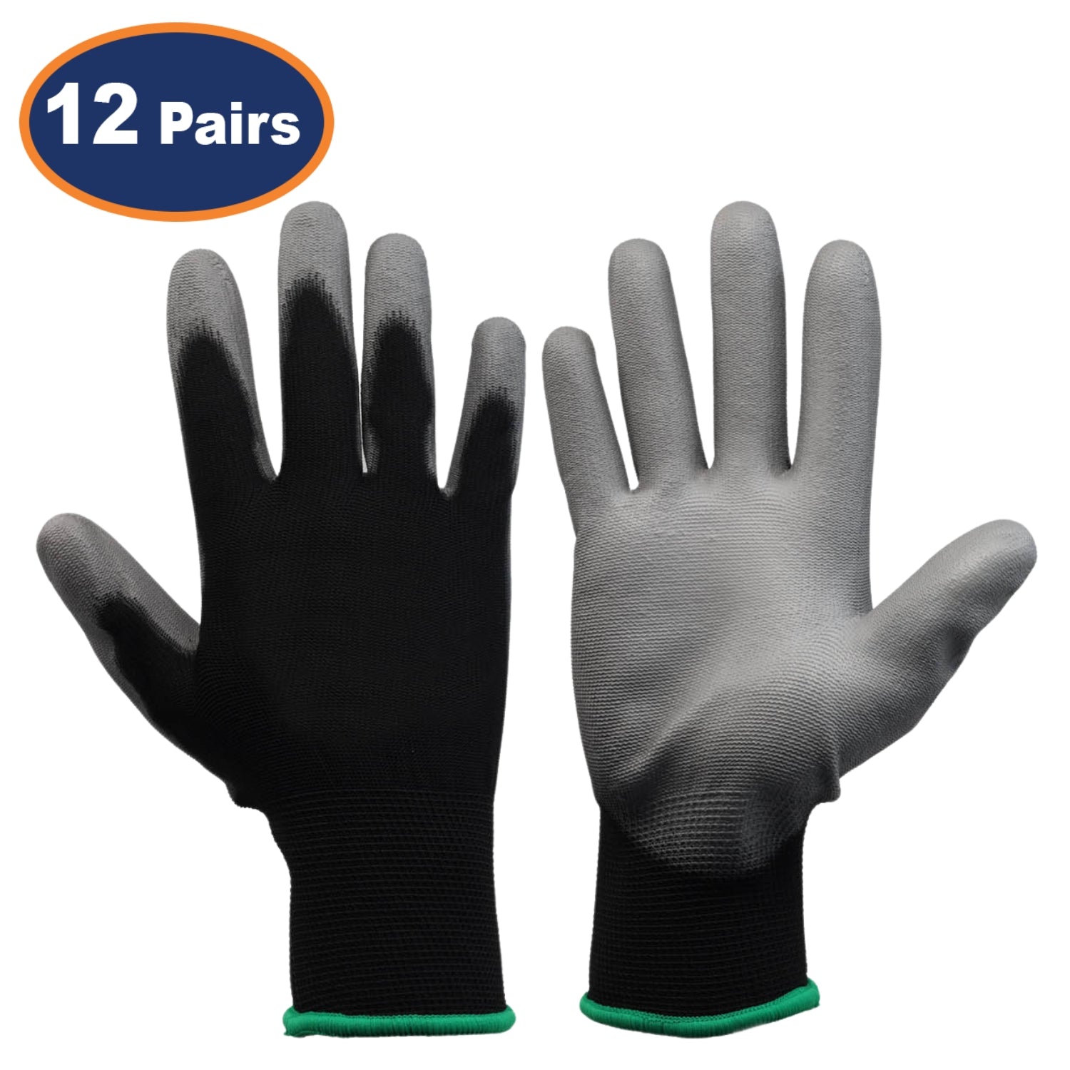 12Pairs Large Black & Grey Non-Slip PU Palm Coated Work Gloves