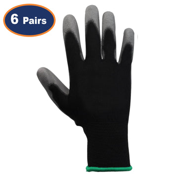 6Pairs Large Black & Grey Non-Slip PU Palm Coated Work Gloves