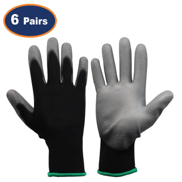 6Pairs Medium Black & Grey Non-Slip PU Palm Coated Work Gloves