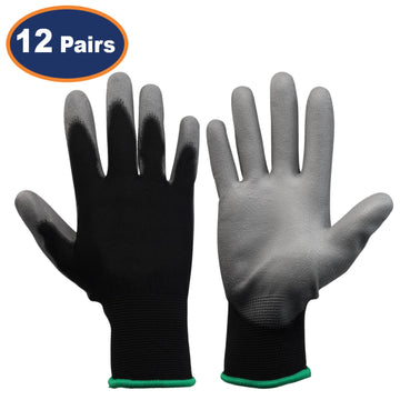 12Pairs XL Black & Grey Non-Slip PU Palm Coated Work Gloves