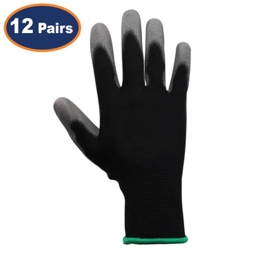 12Pairs XL Black & Grey Non-Slip PU Palm Coated Work Gloves