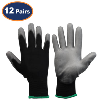 12Pairs XS Black & Grey Non-Slip PU Palm Coated Work Gloves