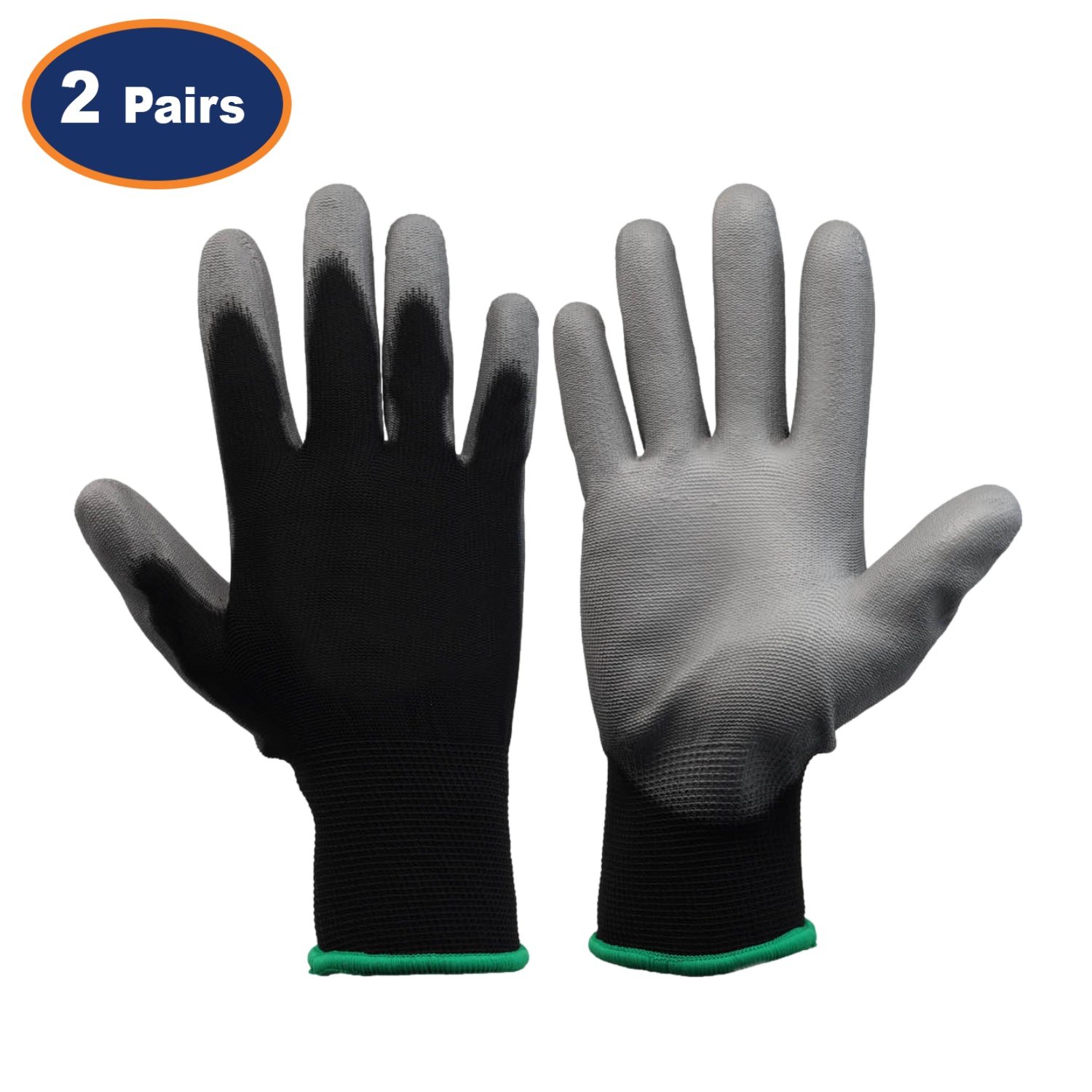 2Pairs XS Black & Grey Non-Slip PU Palm Coated Work Gloves