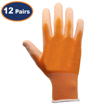 12Pairs Large Orange Non-Slip PU Palm Coated Work Gloves