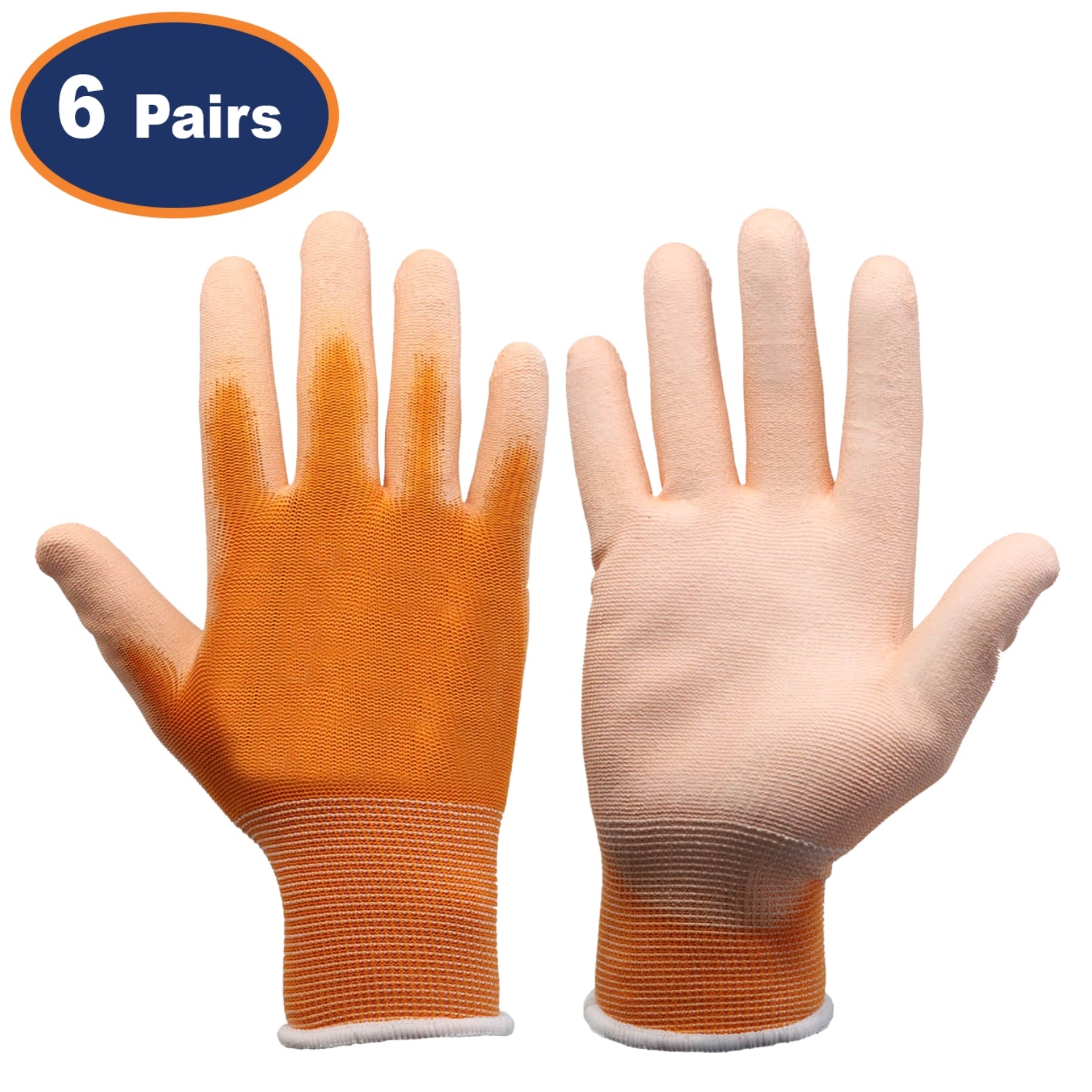 6Pairs Large Orange Non-Slip PU Palm Coated Work Gloves