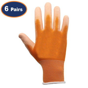 6Pairs Medium Orange Non-Slip PU Palm Coated Work Gloves