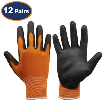 12Pairs Large Orange & Black Non-Slip PU Palm Coated Work Gloves