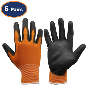 6Pairs Large Orange & Black Non-Slip PU Palm Coated Work Gloves