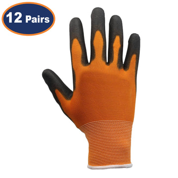 12Pairs Large Orange & Black Non-Slip PU Palm Coated Work Gloves