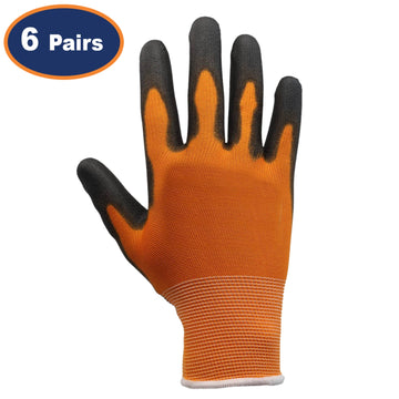 6Pairs Large Orange & Black Non-Slip PU Palm Coated Work Gloves