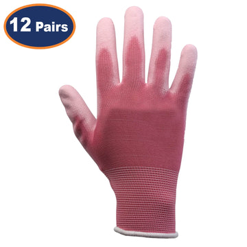 12Pairs Medium Pink Non-Slip PU Palm Coated Work Gloves