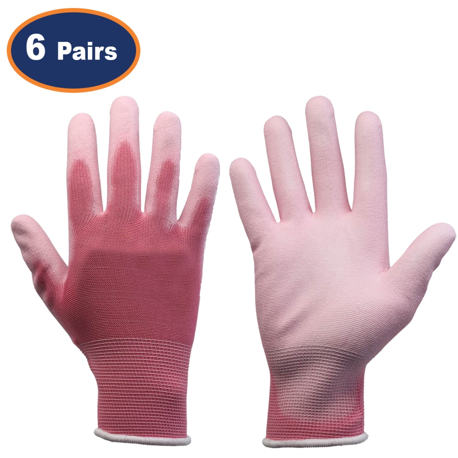 6Pairs Medium Pink Non-Slip PU Palm Coated Work Gloves