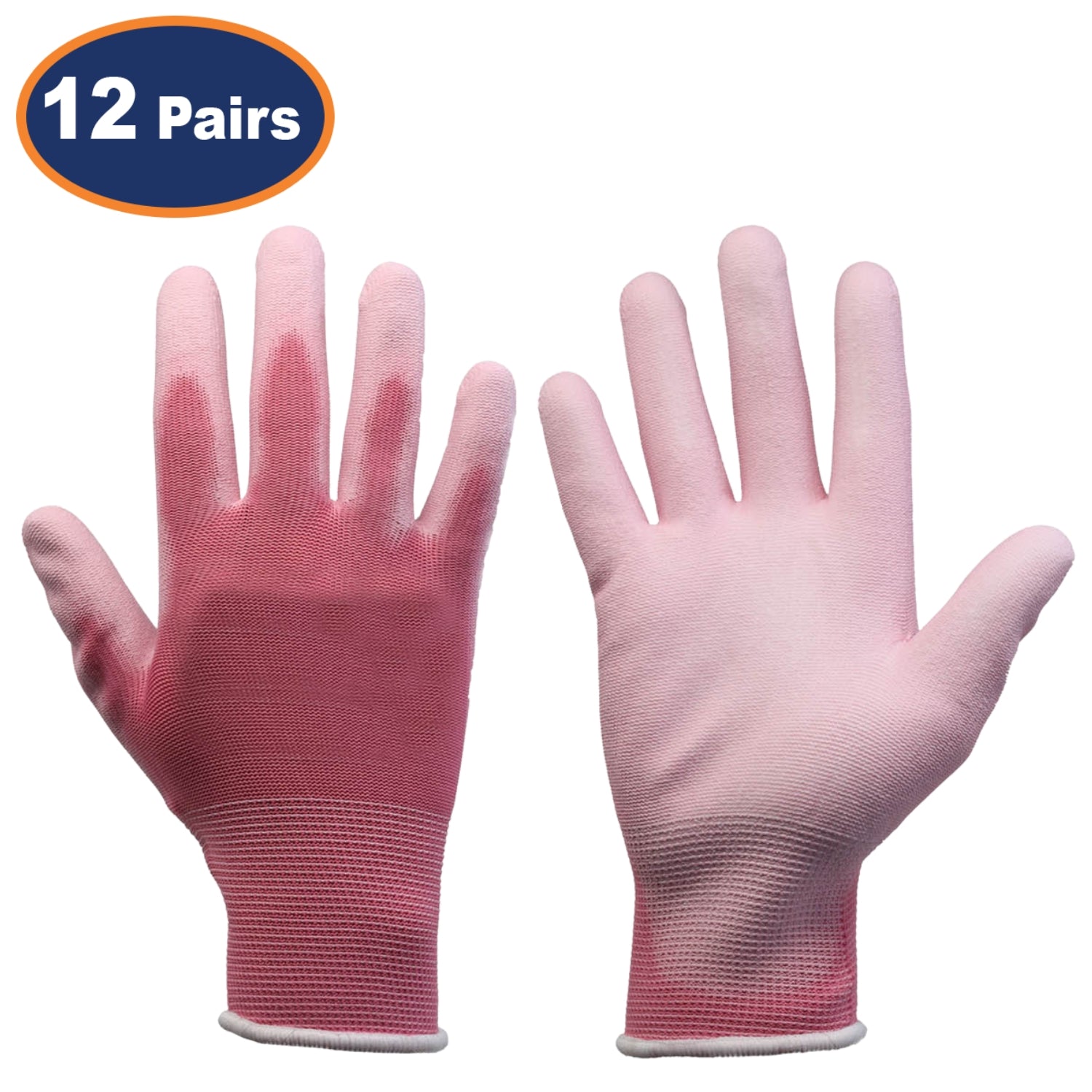 12Pairs Medium Pink Non-Slip PU Palm Coated Work Gloves