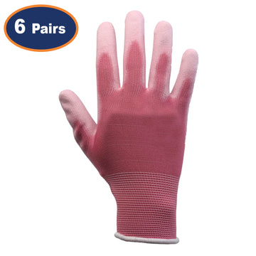 6Pairs Medium Pink Non-Slip PU Palm Coated Work Gloves