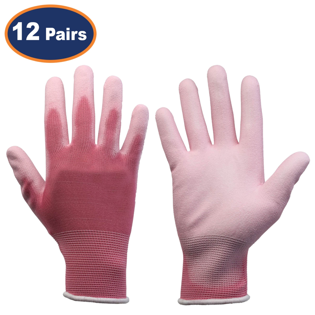12Pairs XS Pink Non-Slip PU Palm Coated Work Gloves