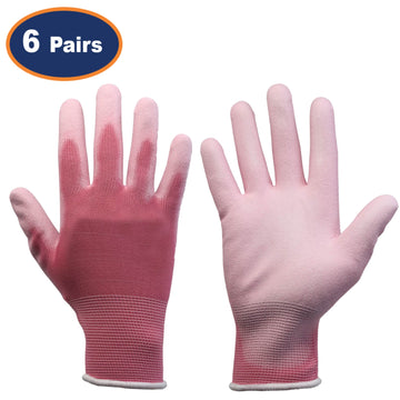 6Pairs XS Pink Non-Slip PU Palm Coated Work Gloves