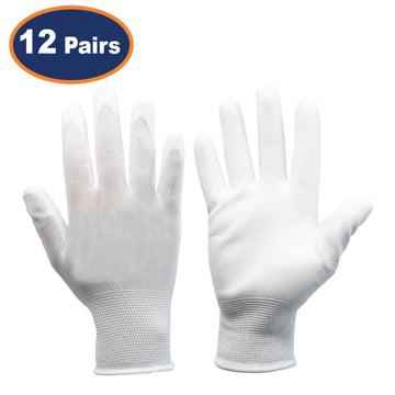 12Pairs Large White Non-Slip PU Palm Coated Work Gloves